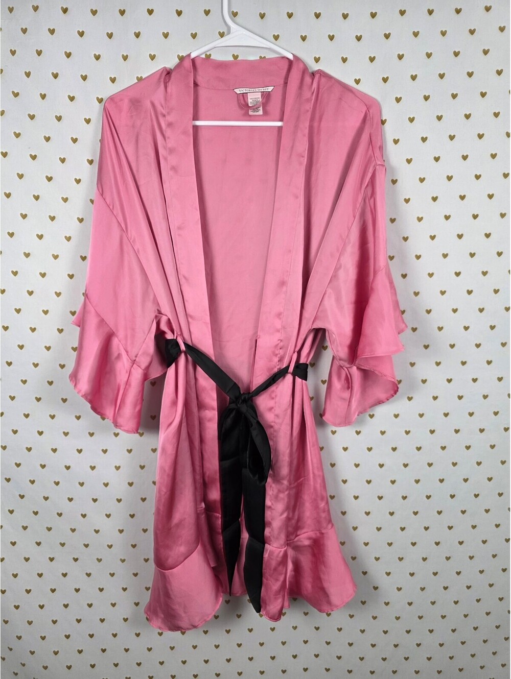 Victorias Secret Satin Silky Robe Pink Ruffle Flutter Lounge XS SMALL